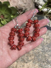 Load image into Gallery viewer, Navajo Sterling Silver Double Bead Apple Coral Dangle Hoop Earrings