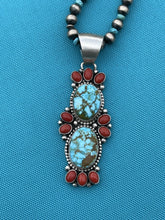 Load image into Gallery viewer, Navajo Sterling Kingman Web Turquoise &amp; Red Coral Taos Pendant Bea Tom