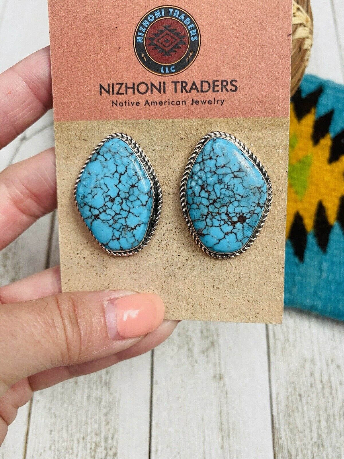 Navajo Kingman Turquoise & Sterling Silver Stud Earrings Signed no