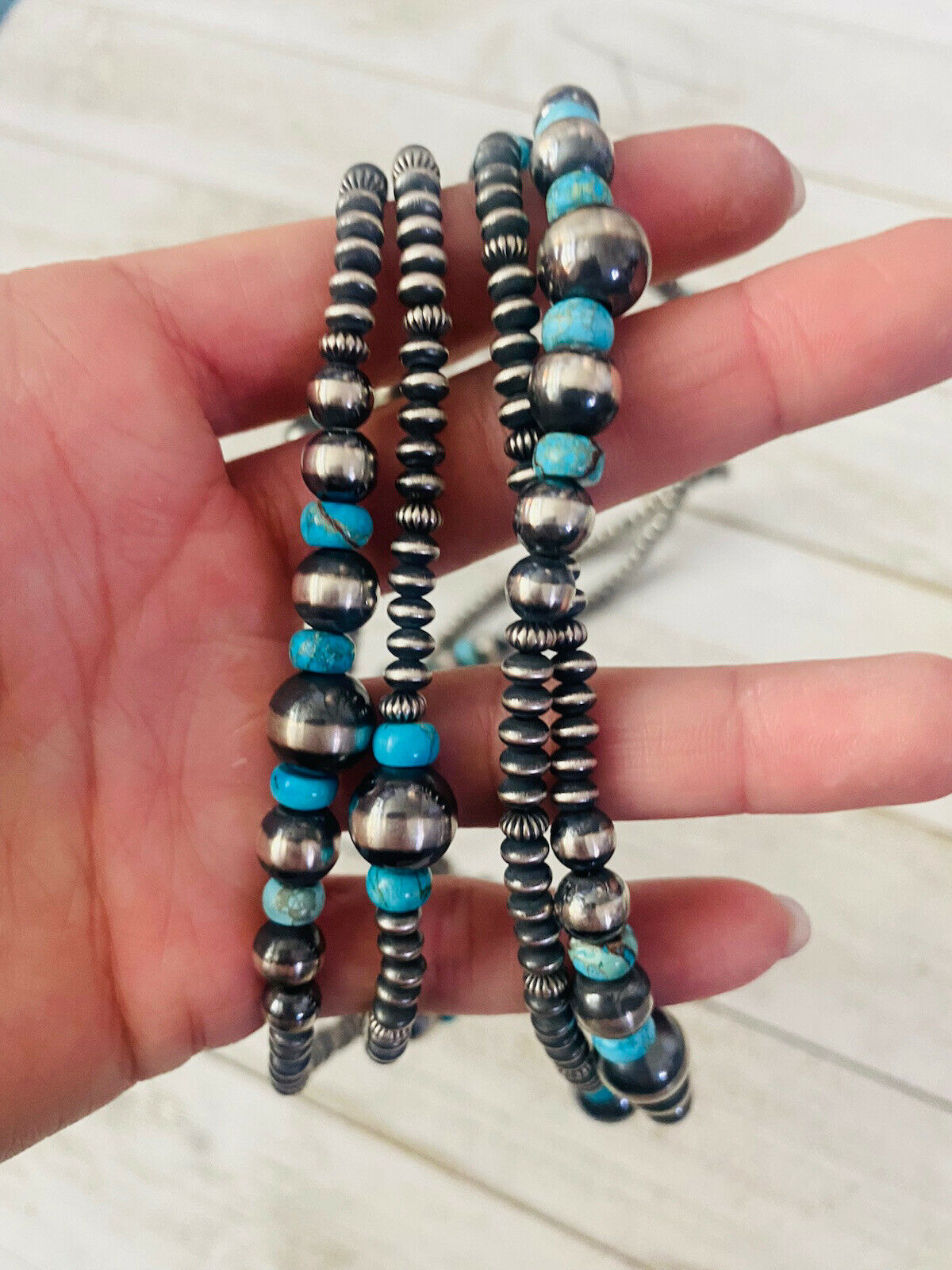 Navajo Turquoise & Sterling Silver Pearl Beaded 60 Inch Necklace