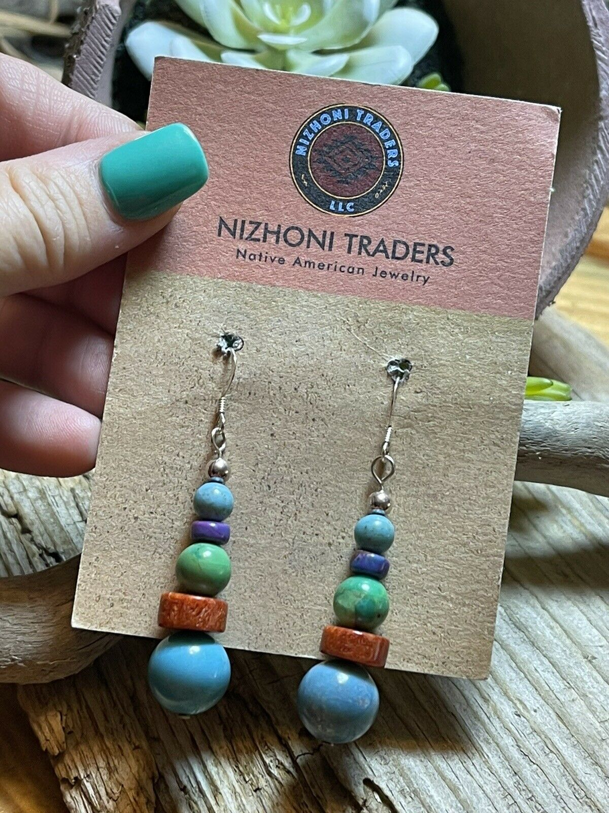 Navajo Sterling Silver Multi Stone Round Bead Dangle Earrings