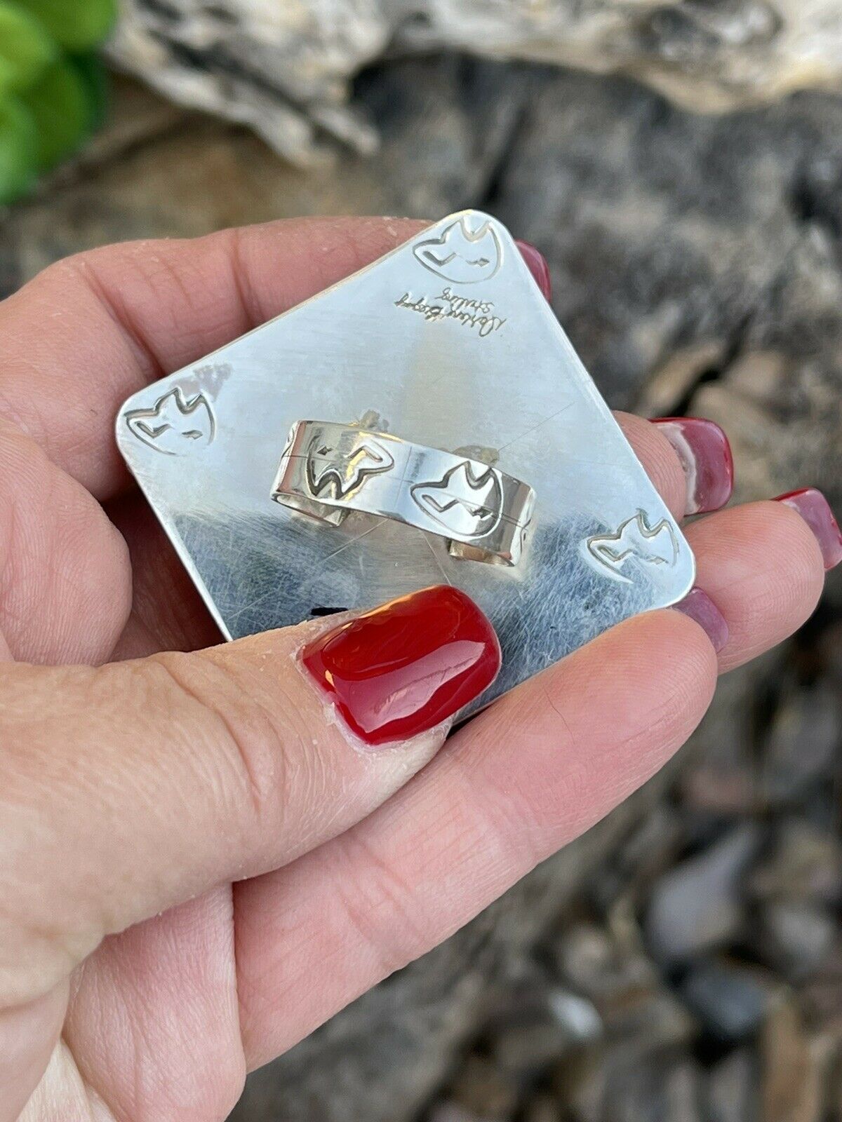 Navajo Sterling Silver Square Platform Red Coral Ring Sz 8