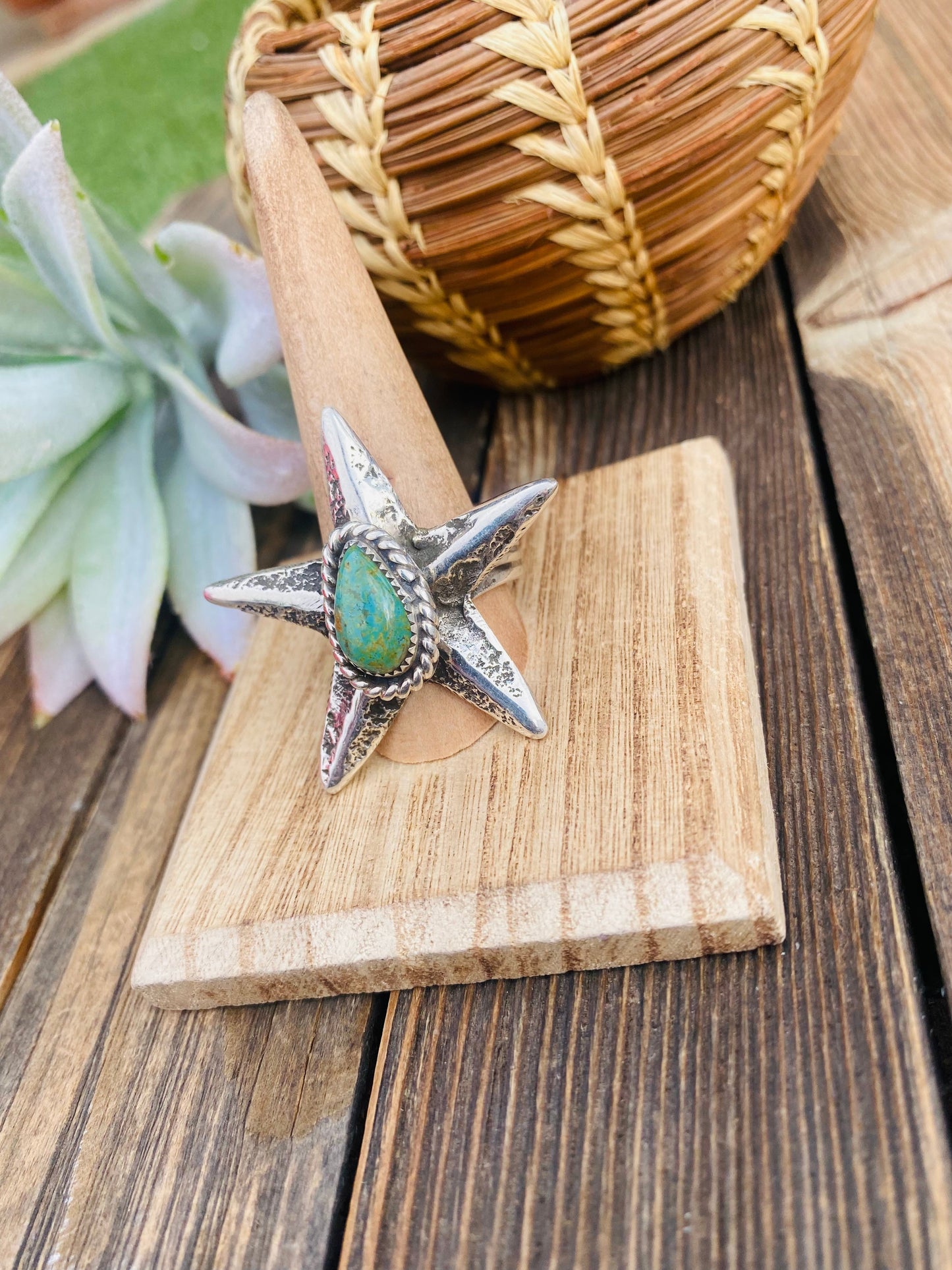 Navajo Royston Turquoise & Sterling Silver Star Ring Size 10.5 Signed