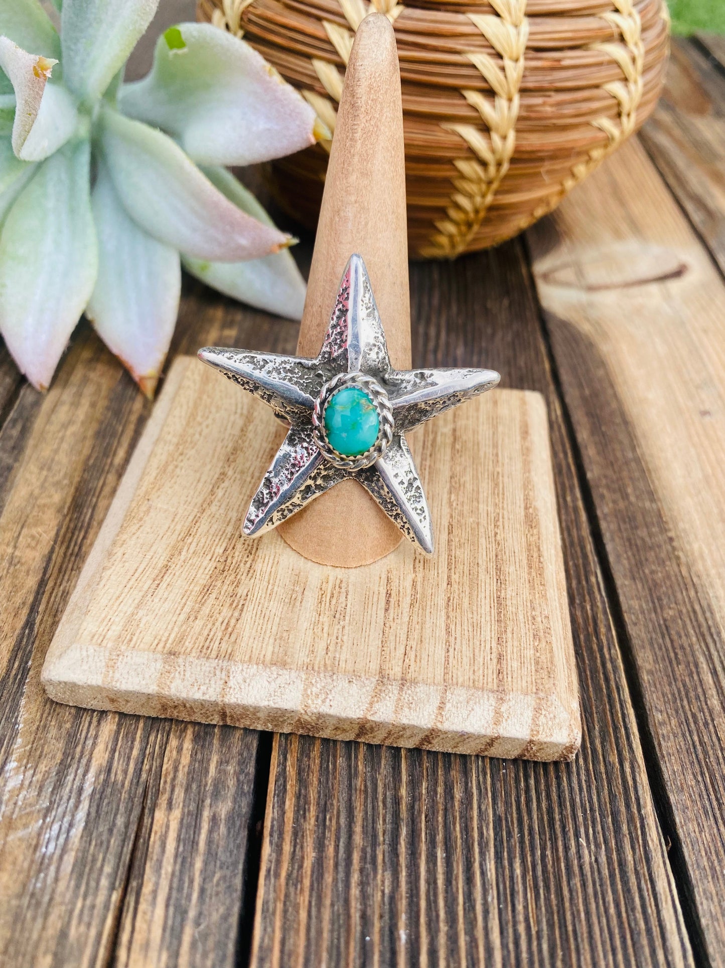 Navajo Sonoran Gold Turquoise & Sterling Silver Star Ring Size 8 Signed