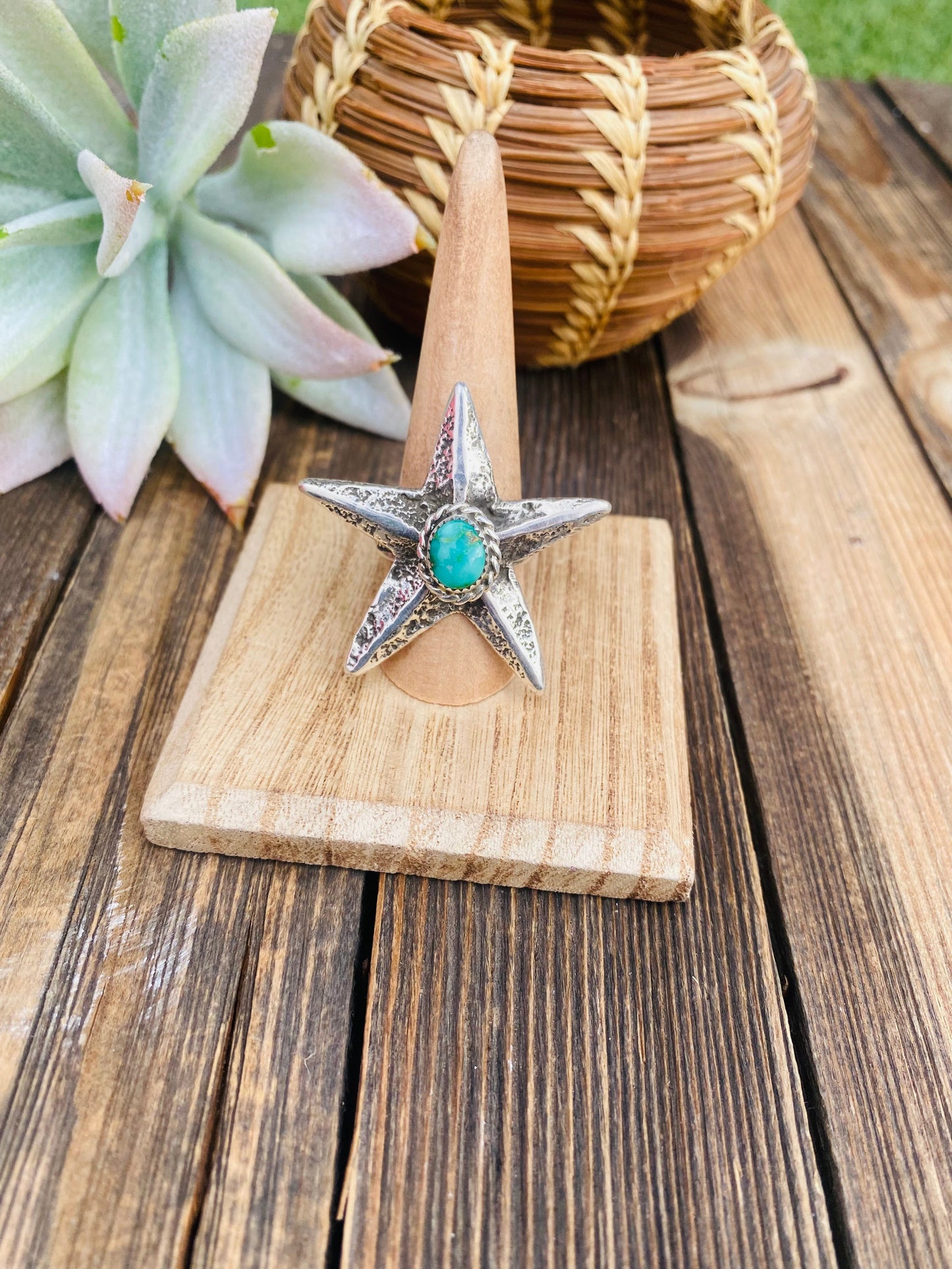 Navajo Sonoran Gold Turquoise & Sterling Silver Star Ring Size 8 Signed