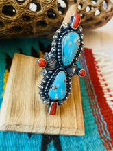 Load image into Gallery viewer, Navajo Sterling Kingman Turquoise &amp; Red Coral Ring Size 8.5 By Shawn Cayatineto