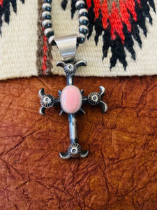 Navajo Queen Pink Conch Shell & Sterling Silver Cross Pendant By Chimney Butte