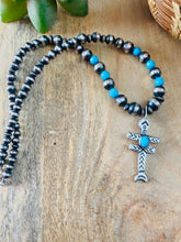 Load image into Gallery viewer, Sterling Silver Navajo Pearl &amp; Turquoise Beaded Cross Necklace