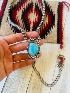Navajo Coral, Turquoise & Sterling Silver Lariat Necklace