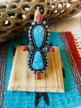 Load image into Gallery viewer, Navajo Sterling Kingman Turquoise &amp; Red Coral Ring Size 8.5 By Shawn Cayatineto