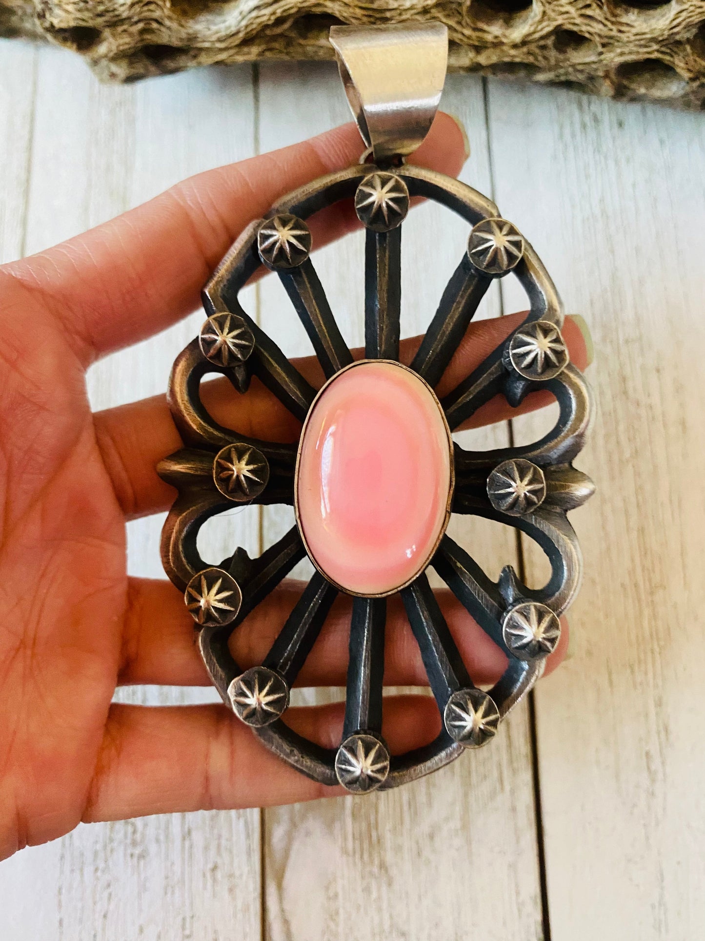 Navajo Queen Pink Conch Shell & Sterling Silver Statement Pendant By Chimney Butte