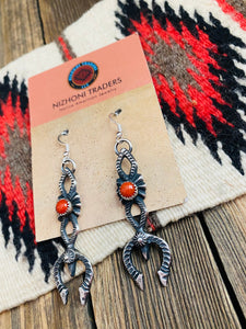 Navajo Coral & Sterling Silver Naja Dangle Earrings By Kevin Billah