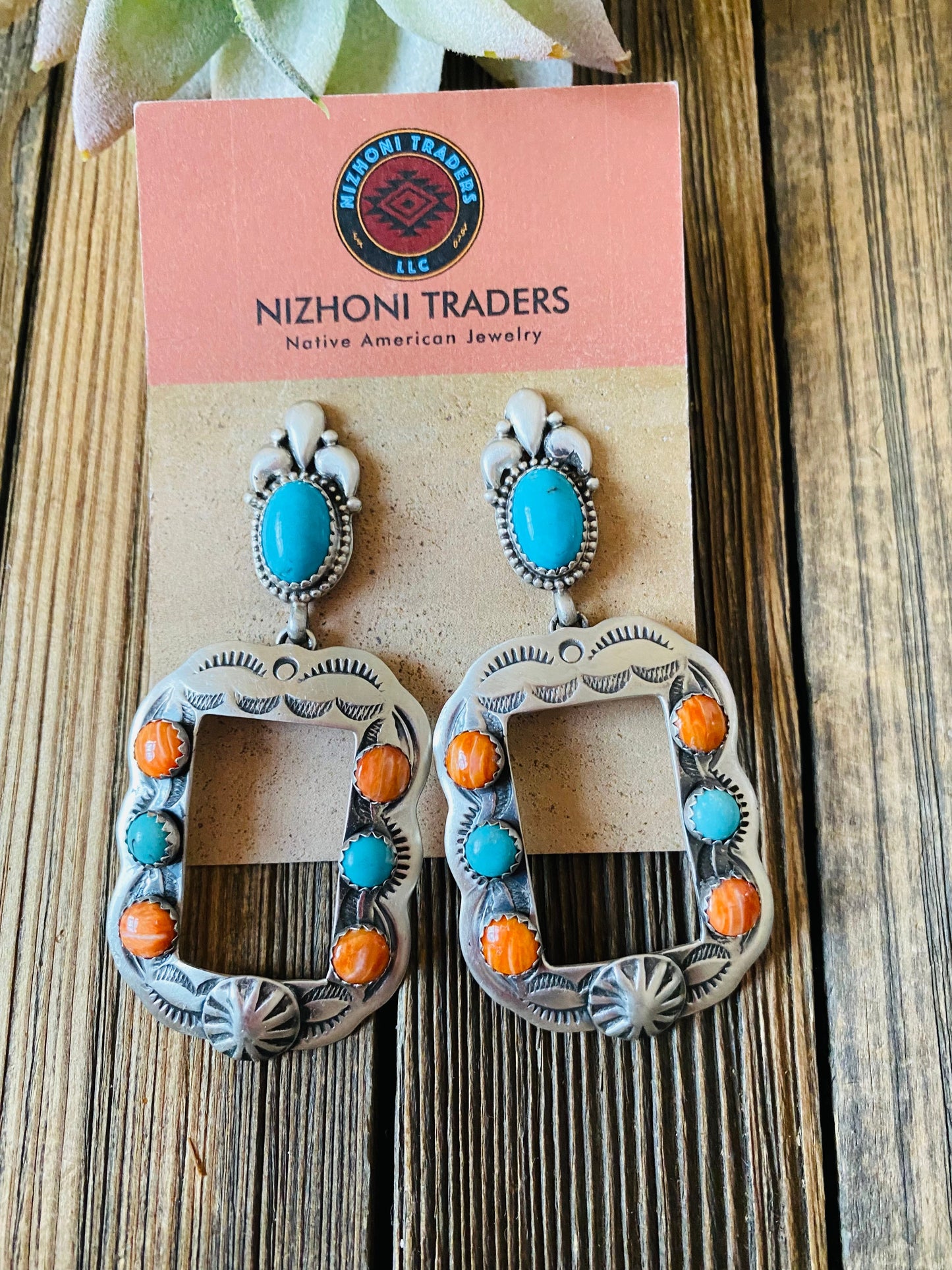 Navajo Turquoise, Spiny & Sterling Silver Concho Dangle Earrings