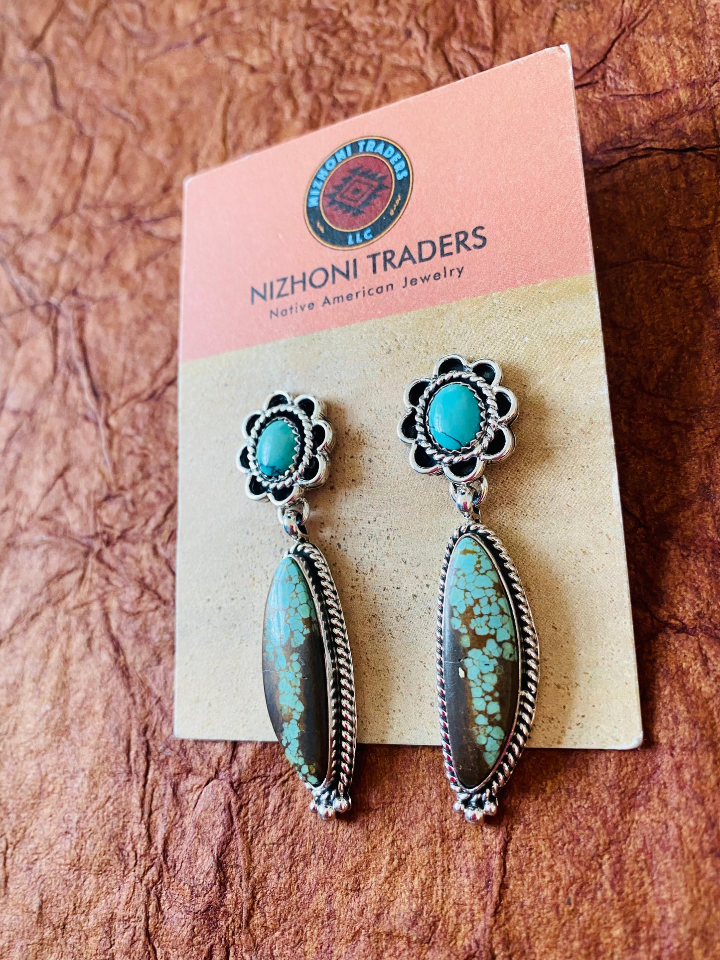 Navajo Number 8 Turquoise & Sterling Silver Flower Dangle Earrings