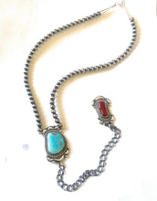 Load image into Gallery viewer, Navajo Coral, Turquoise &amp; Sterling Silver Lariat Necklace