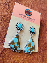 Load image into Gallery viewer, Navajo Number 8 Turquoise &amp; Sterling Silver Flower Dangle Earrings