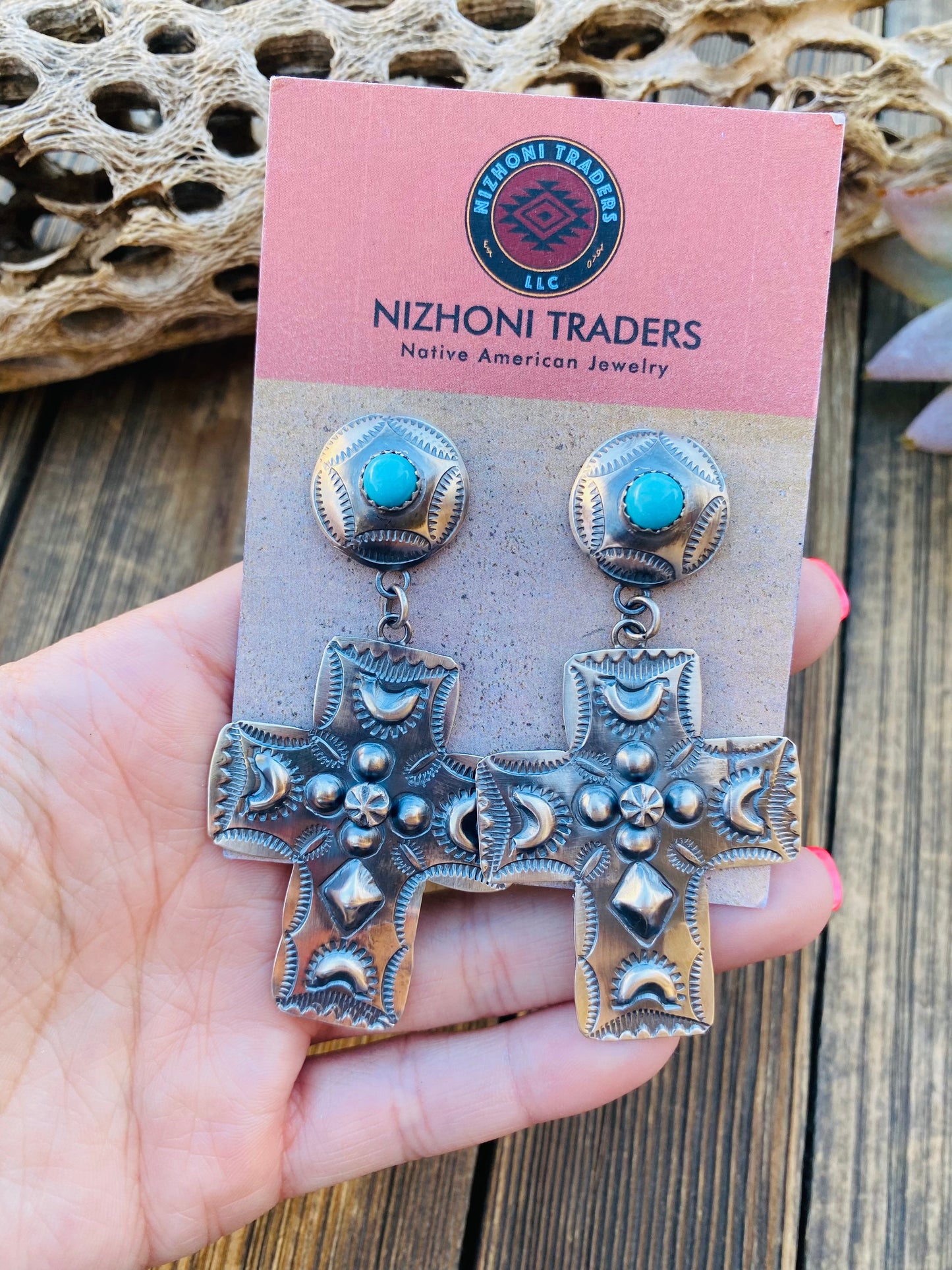 Navajo Hand Stamped Sterling Silver Cross Dangle Earrings By Tim Yazzie