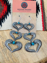 Load image into Gallery viewer, Navajo Turquoise &amp; Sterling Silver Feather Heart Dangle Earrings
