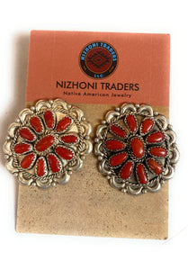 Vintage Navajo Sterling Silver & Coral Cluster Post Earrings Signed