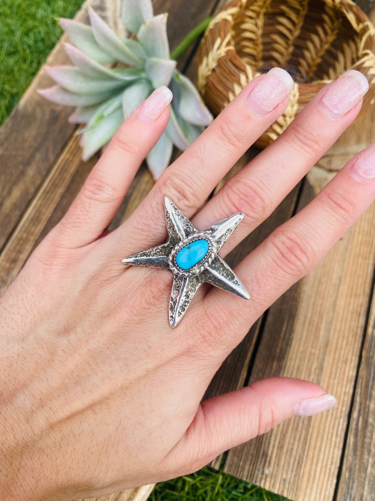 Navajo Turquoise & Sterling Silver Star Ring Size 7.5 Signed