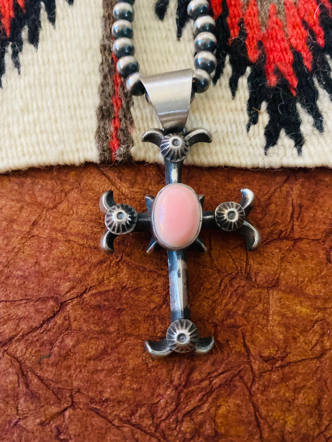 Navajo Queen Pink Conch Shell & Sterling Silver Cross Pendant By Chimney Butte