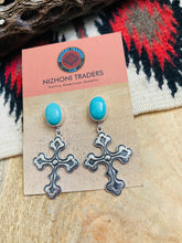 Load image into Gallery viewer, Navajo Turquoise &amp; Sterling Silver Cross Dangle Earrings