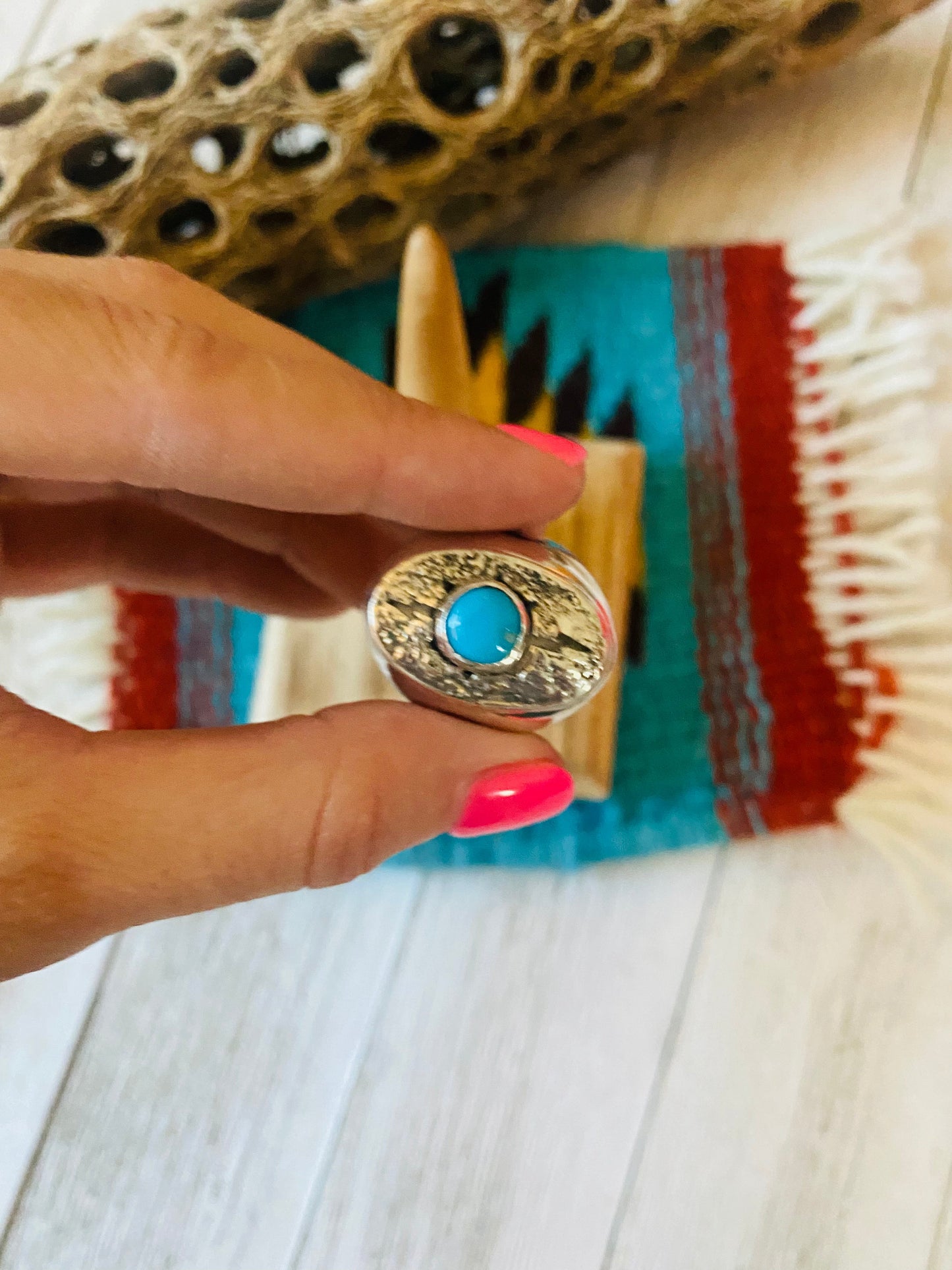 Navajo Kingman Turquoise & Sterling Silver Ring Size 10