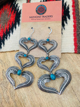 Load image into Gallery viewer, Navajo Turquoise &amp; Sterling Silver Feather Heart Dangle Earrings