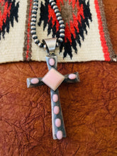 Load image into Gallery viewer, Navajo Queen Pink Conch Shell &amp; Sterling Silver Cross Pendant By Chimney Butte