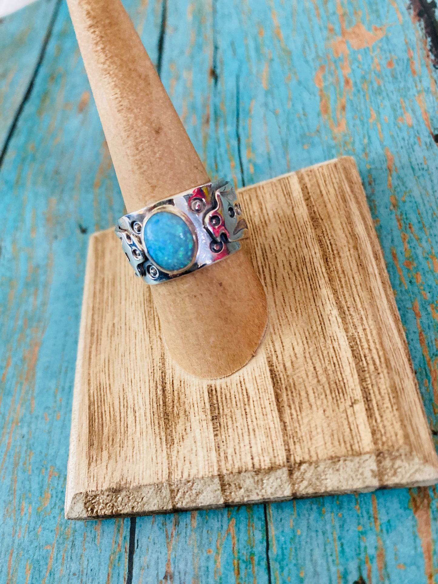 Navajo Thunderbird Sterling Silver & Blue Opal Ring Size 8