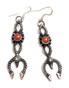 Navajo Coral & Sterling Silver Naja Dangle Earrings By Kevin Billah