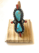 Load image into Gallery viewer, Navajo Sterling Kingman Turquoise &amp; Red Coral Ring Size 8.5 By Shawn Cayatineto