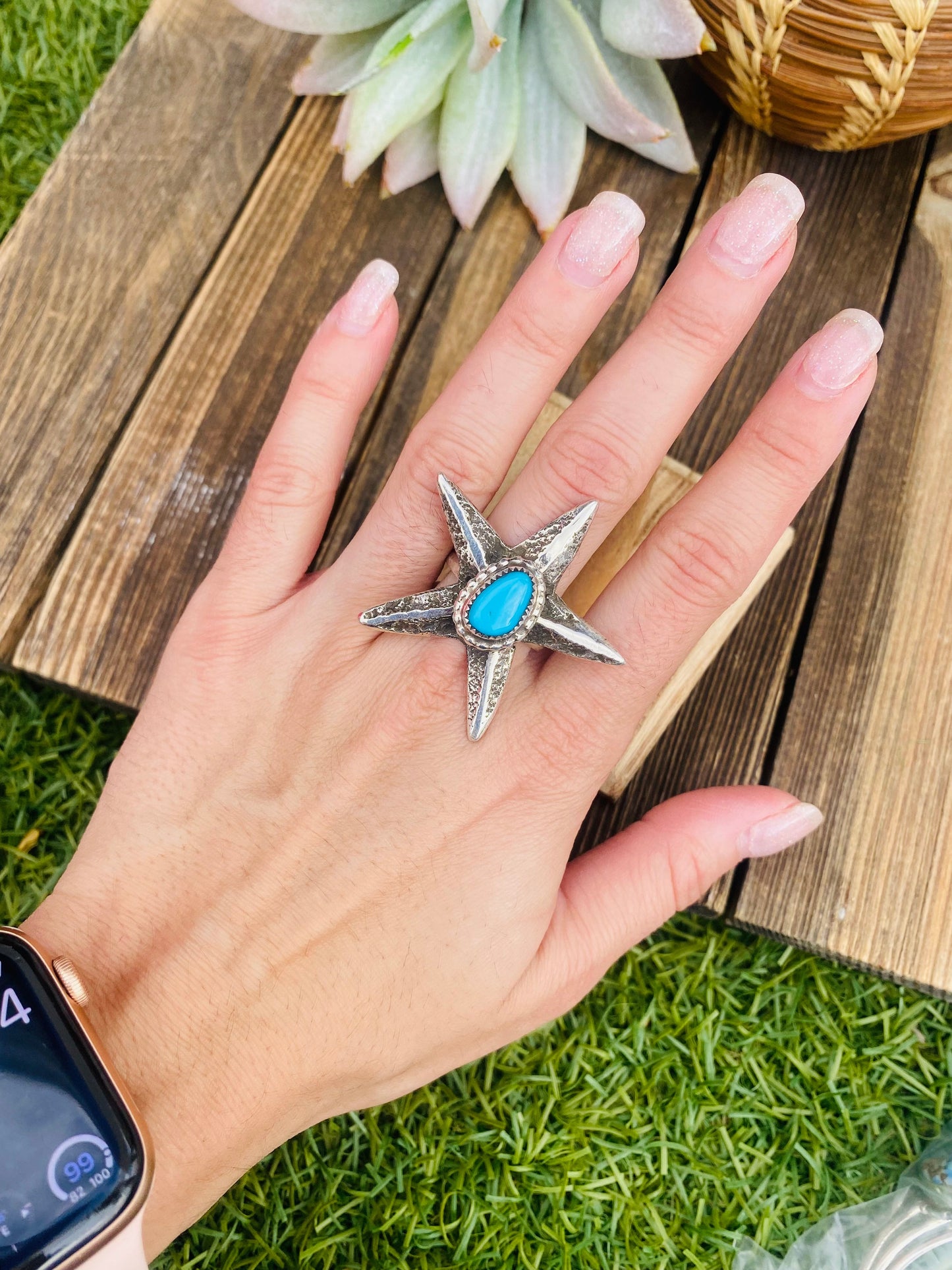 Navajo Turquoise & Sterling Silver Star Ring Size 9.25 Signed