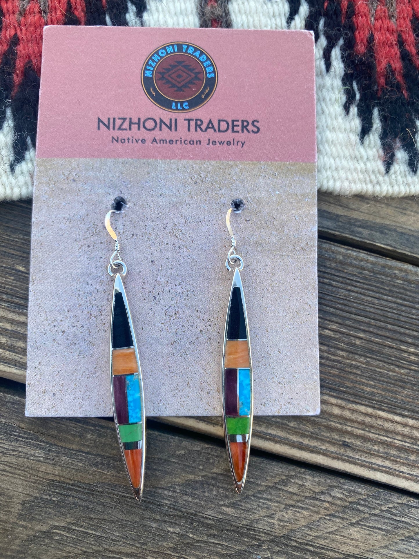 Navajo Multi Stone & Sterling Silver Inlay Dangle Earrings