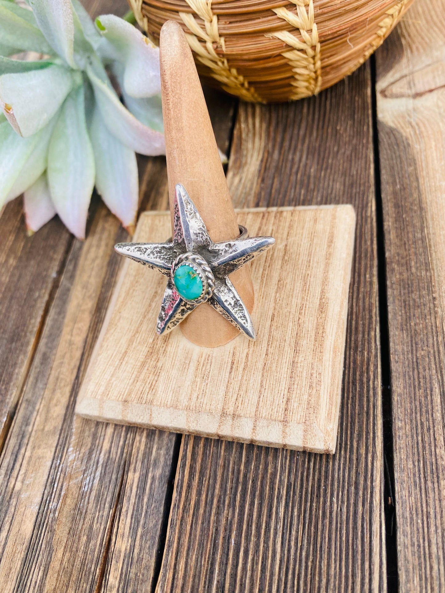 Navajo Sonoran Gold Turquoise & Sterling Silver Star Ring Size 8 Signed