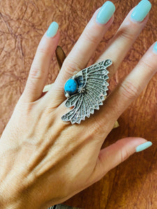 Navajo Kingman Turquoise & Sterling Silver Indian Chief Ring Size 9
