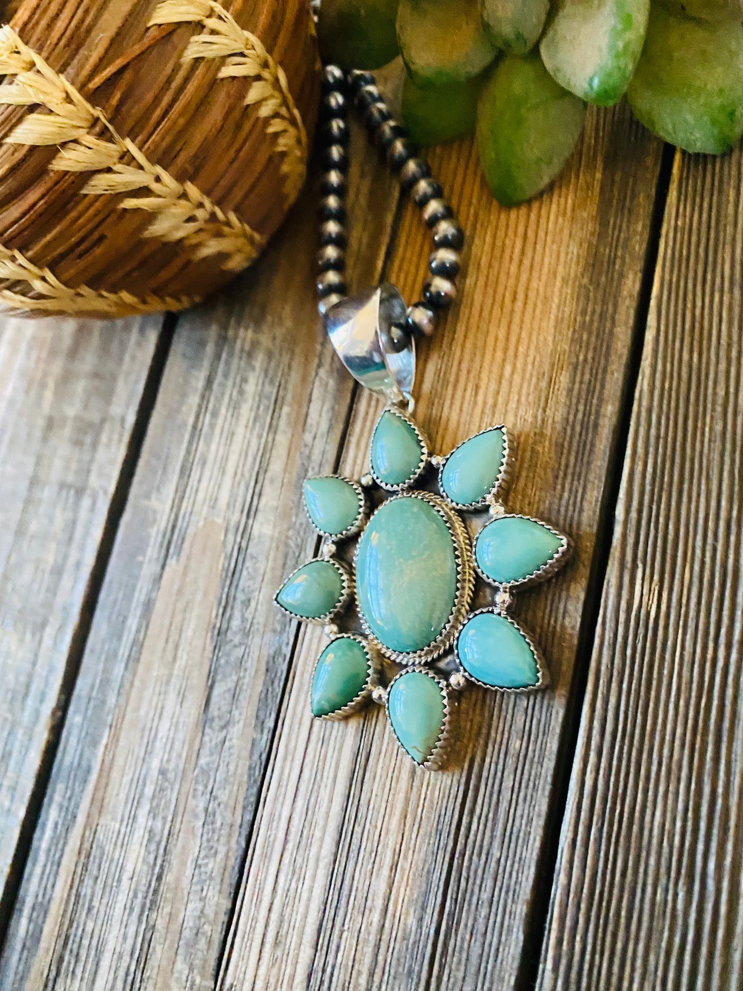 Navajo Sterling Silver & Kingman Turquoise Cluster Pendant Signed