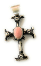 Load image into Gallery viewer, Navajo Queen Pink Conch Shell &amp; Sterling Silver Cross Pendant By Chimney Butte