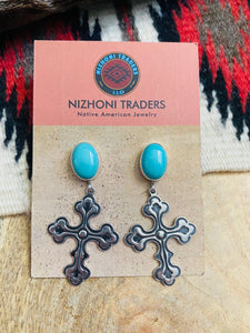 Navajo Turquoise & Sterling Silver Cross Dangle Earrings