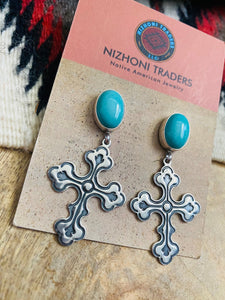 Navajo Turquoise & Sterling Silver Cross Dangle Earrings