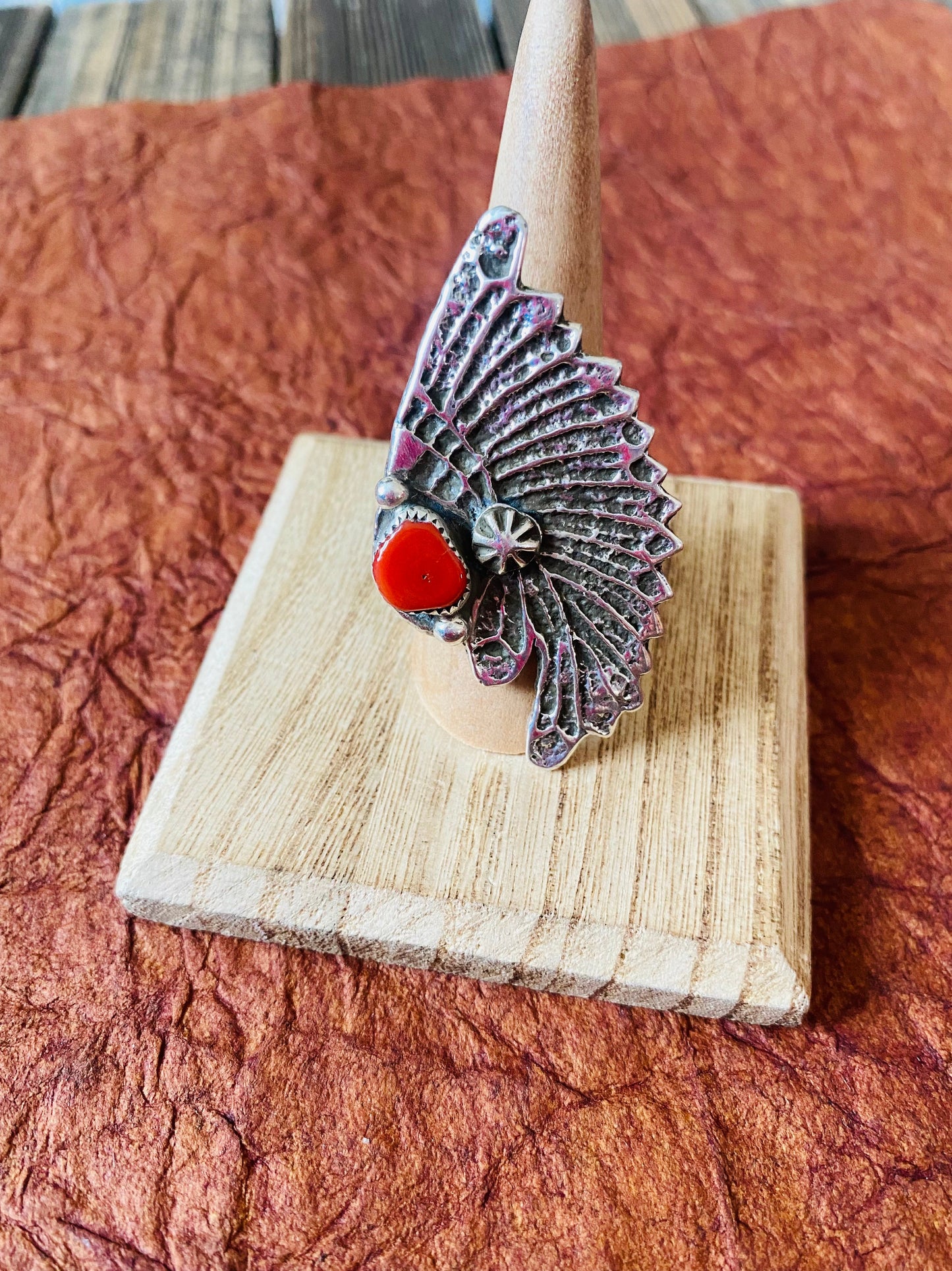 Navajo Coral & Sterling Silver Indian Chief Ring Size 9