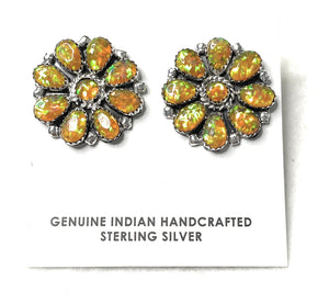Navajo Sterling Silver & Fire Opal Cluster Post Earrings Signed