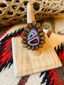 Handmade Sterling Silver, Fordite & Garnet Cluster Adjustable Ring