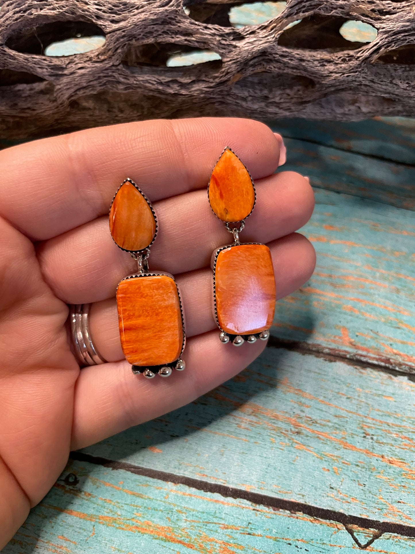 Navajo Sterling Silver And Coral Dangle Earrings