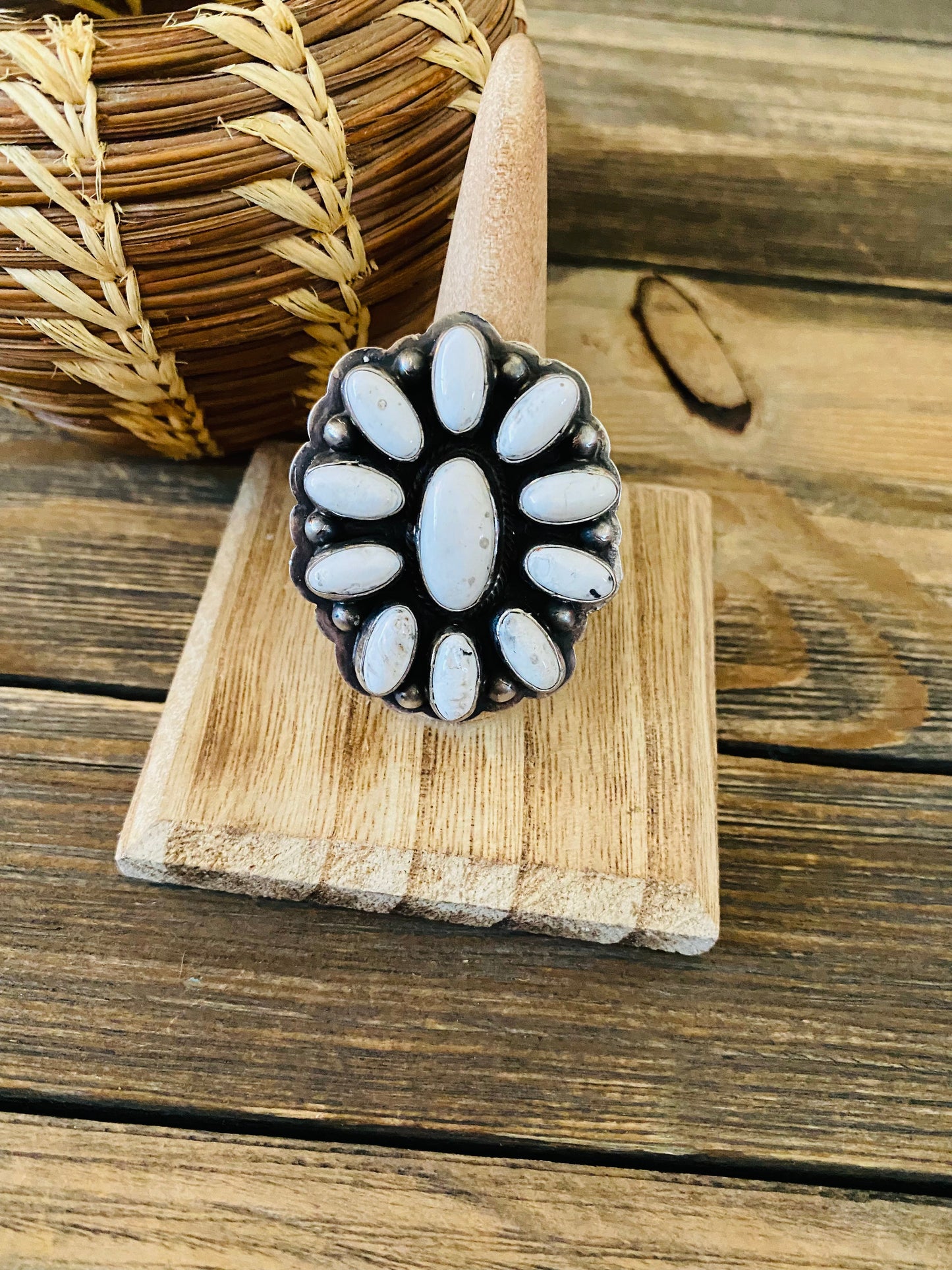 Navajo Sterling Silver And White Buffalo Cluster Adjustable Ring