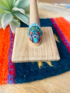 Handmade Sterling Silver & Multi Stone Inlay Kachina Ring Size 9