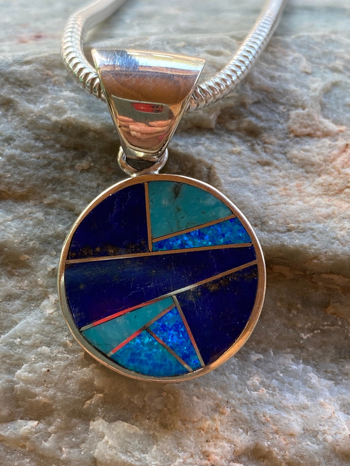 Navajo Lapis, Turquoise, Blue Opal Small Circle Pendant