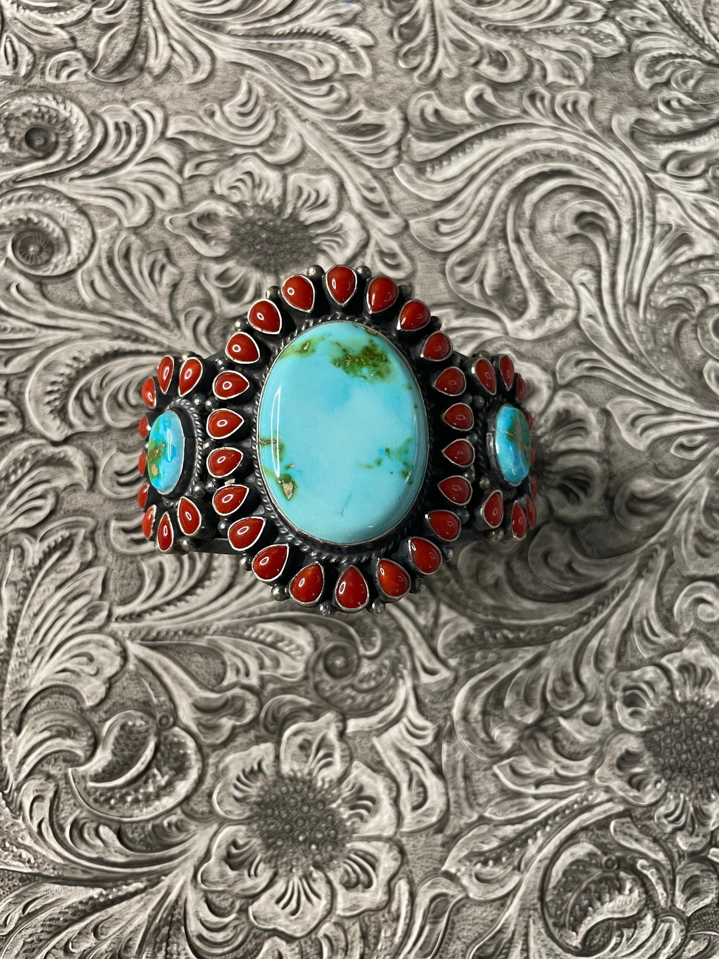 Anthony Skeets Navajo Turquoise, Coral & Sterling Silver Cuff Bracelet Signed
