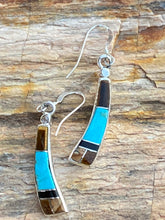 Load image into Gallery viewer, Navajo Turquoise, Onyx, Petrified Wood &amp; Sterling Silver Inlay Dangle Earrings