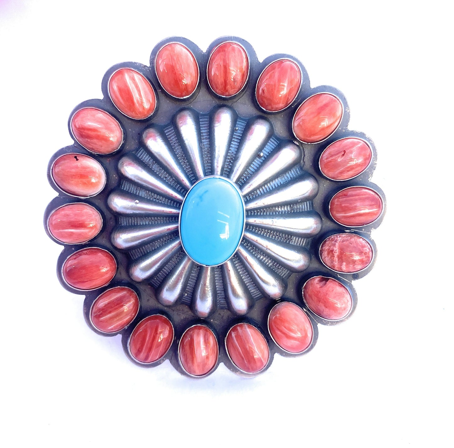 Navajo Red Spiny, Turquoise & Sterling Silver Adjustable Ring